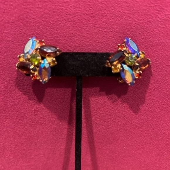 VTG Aurora Borealis AB Rhinestone Gold Earrings - Picture 5 of 8